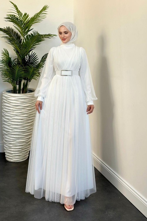 Moreno Tül Kemerli Abiye Beyaz