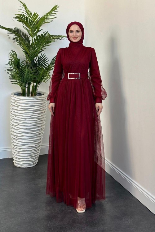 Moreno Tül Kemerli Abiye Bordo