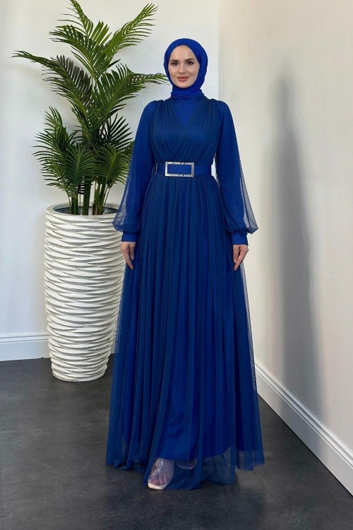 Moreno Tül Kemerli Abiye İndigo