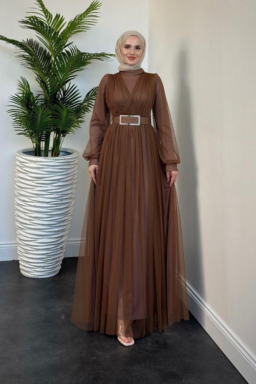 Moreno Tül Kemerli Abiye Kahverengi