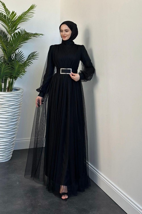 Moreno Tül Kemerli Abiye Siyah