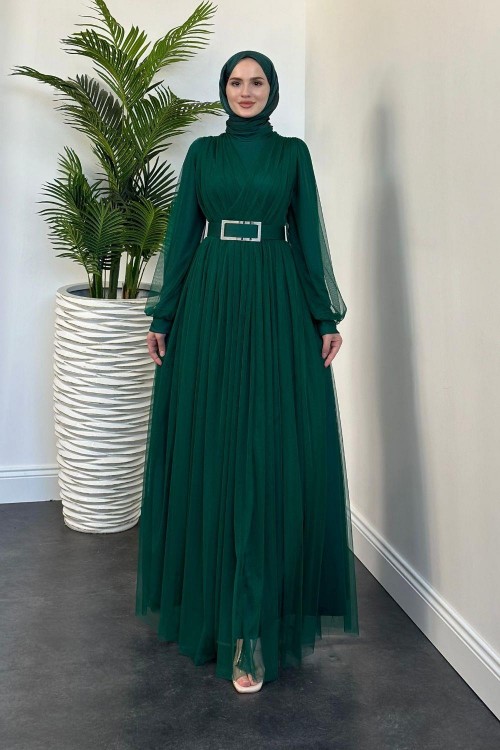 Moreno Tül Kemerli Abiye Zümrüt