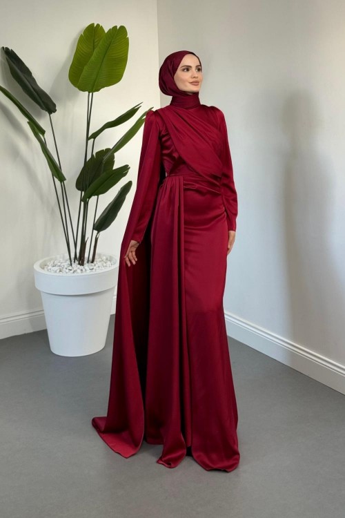 Morley Pelerinli Drapeli Saten Balık Abiye Bordo