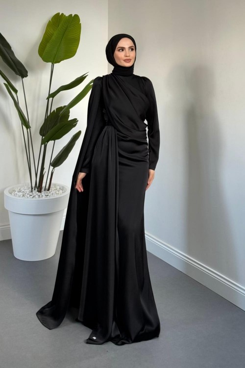 Morley Pelerinli Drapeli Saten Balık Abiye Siyah