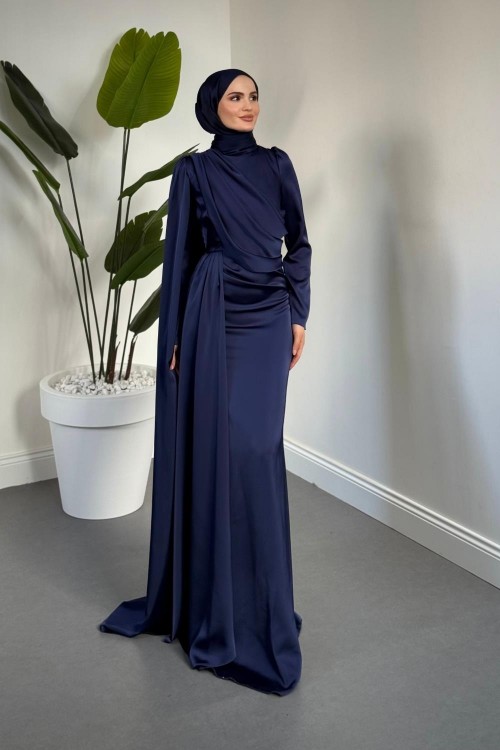 Morley Pelerinli Drapeli Saten Balık Abiye Lacivert