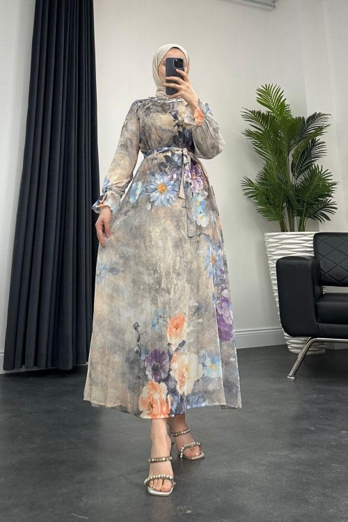 Nadya Astarlı Şifon Elbise Gri