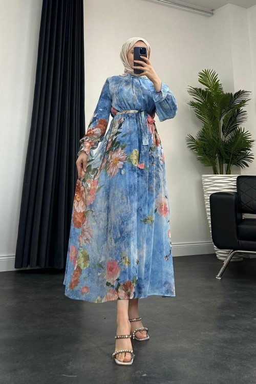 Nadya Astarlı Şifon Elbise Mavi