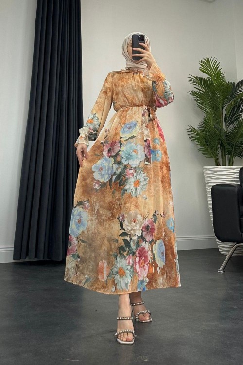 Nadya Astarlı Şifon Elbise Somon