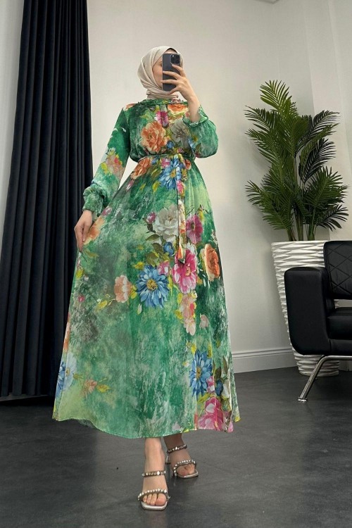 Nadya Astarlı Şifon Elbise Yeşil