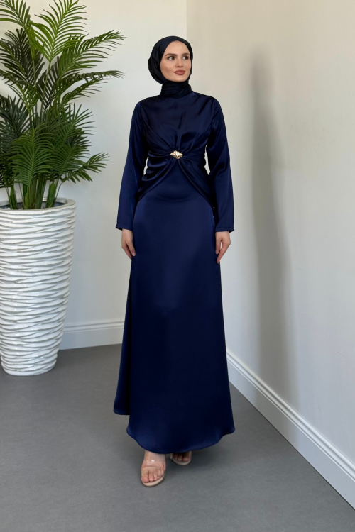 Naree Önden Tokalı Saten Abiye Lacivert