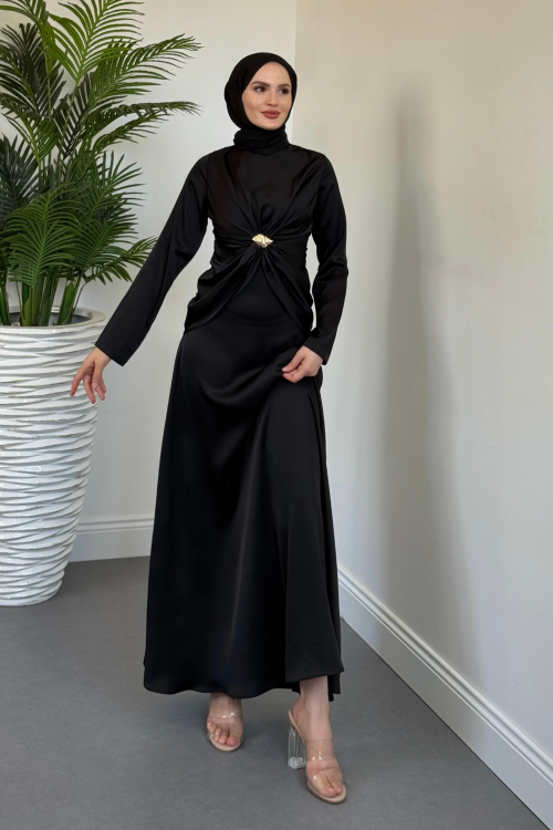 Naree Önden Tokalı Saten Abiye Siyah
