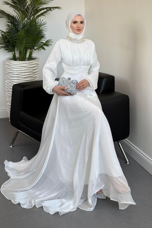 Talya Boynu Taşlı Abiye Beyaz