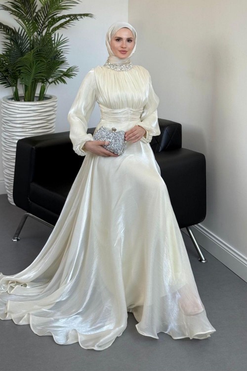 Talya Boynu Taşlı Abiye Ekru