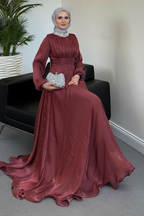 Talya Boynu Taşlı Abiye Kiremit