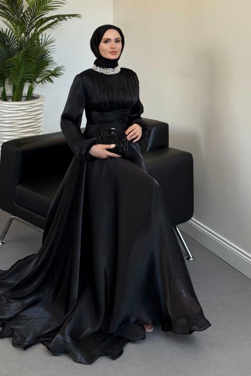 Talya Boynu Taşlı Abiye Siyah