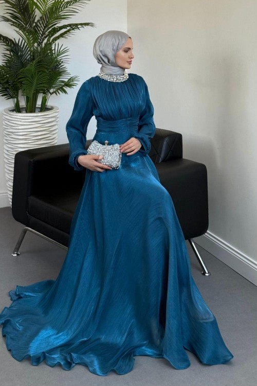 Talya Boynu Taşlı Abiye Turkuaz