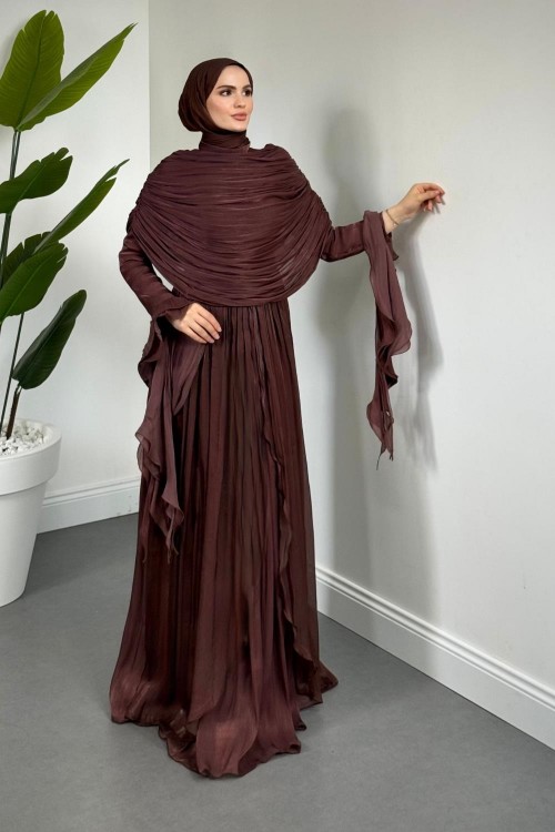 Naruna Pelerinli Fırfırlı Abiye Gül Kurusu