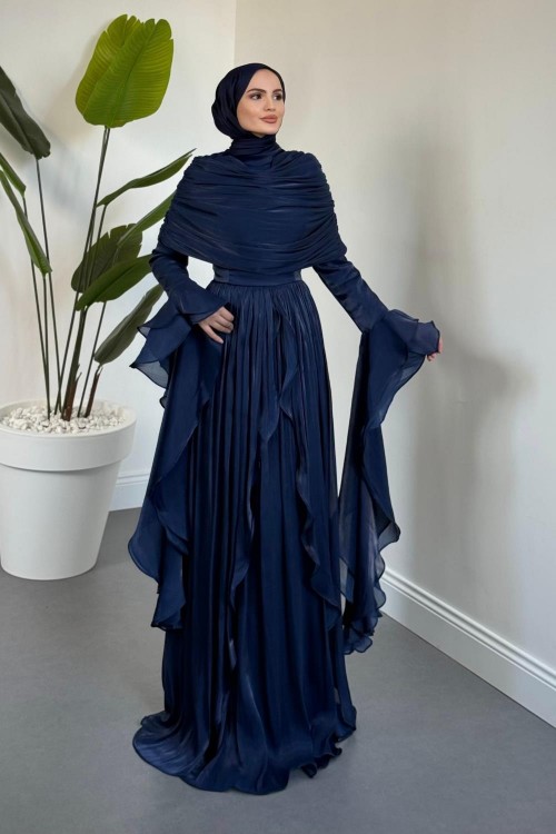 Naruna Pelerinli Fırfırlı Abiye Lacivert