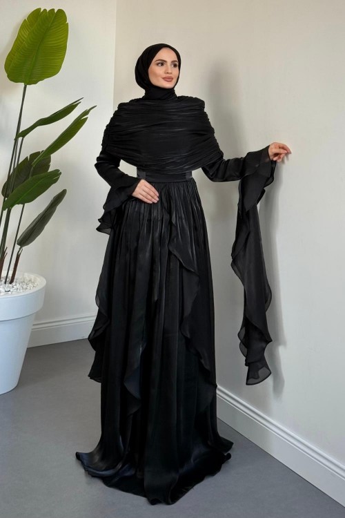 Naruna Pelerinli Fırfırlı Abiye Siyah