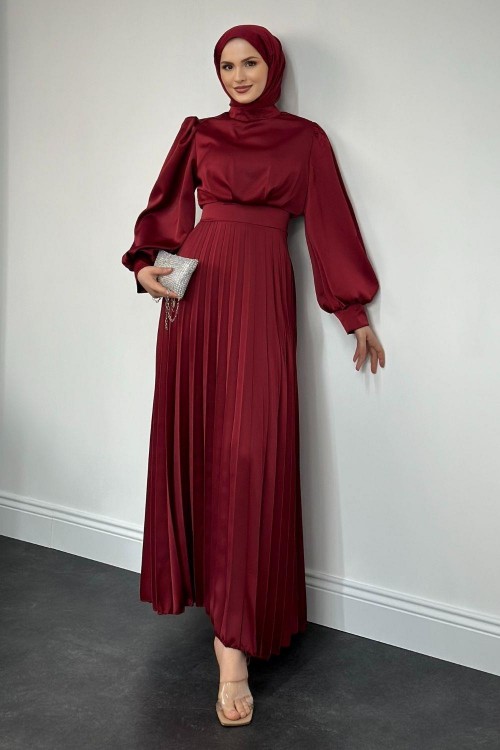 Nasta Belden Oturtma Plise Saten Abiye Bordo