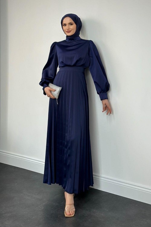 Nasta Belden Oturtma Plise Saten Abiye Lacivert