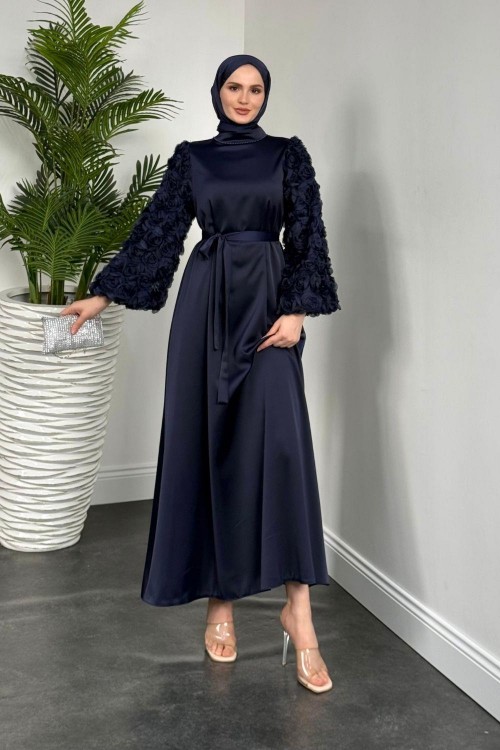 Neva Kolları Güllü Boynu Boncuklu Elbise Lacivert