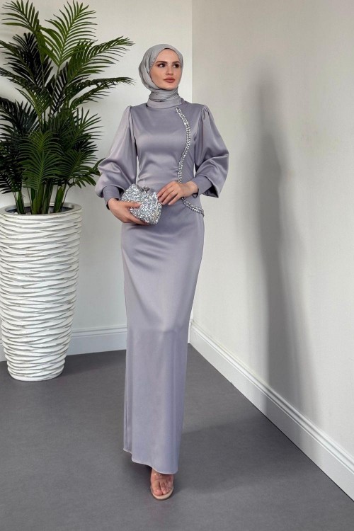 Nigina Yandan Taşlı Kalem Abiye Gri