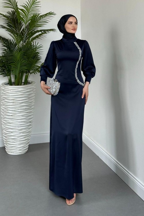 Nigina Yandan Taşlı Kalem Abiye Lacivert