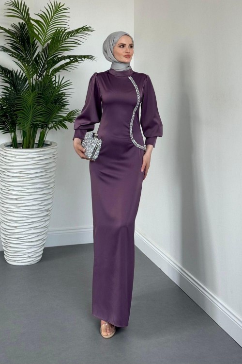 Nigina Yandan Taşlı Kalem Abiye Lila