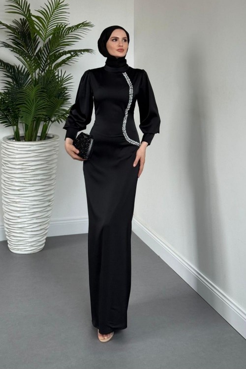 Nigina Yandan Taşlı Kalem Abiye Siyah