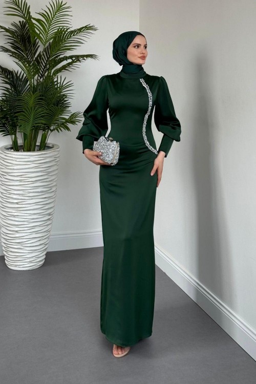 Nigina Yandan Taşlı Kalem Abiye Zümrüt