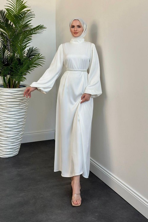 Nika Kemeri İncili Saten Abiye Beyaz