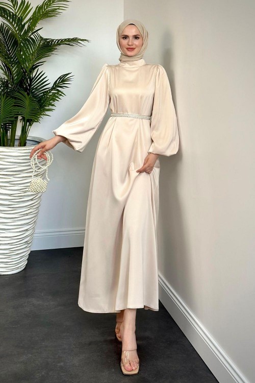 Nika Kemeri İncili Saten Abiye Ekru