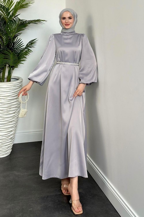 Nika Kemeri İncili Saten Abiye Gri