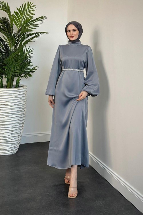 Nika Kemeri İncili Saten Abiye Füme