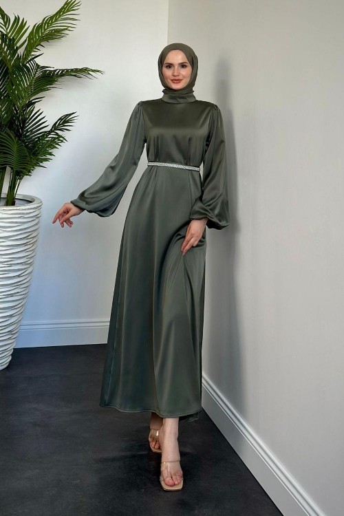 Nika Kemeri İncili Saten Abiye Asker Yeşili