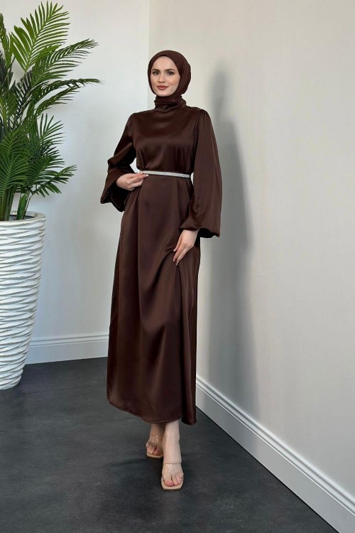 Nika Kemeri İncili Saten Abiye Kahverengi