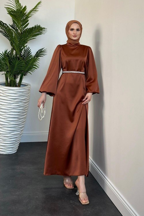 Nika Kemeri İncili Saten Abiye Kiremit