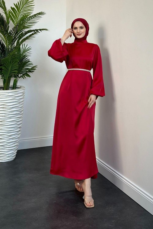 Nika Kemeri İncili Saten Abiye Kırmızı