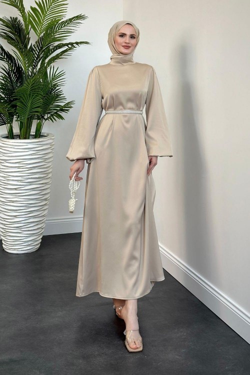 Nika Kemeri İncili Saten Abiye Krem