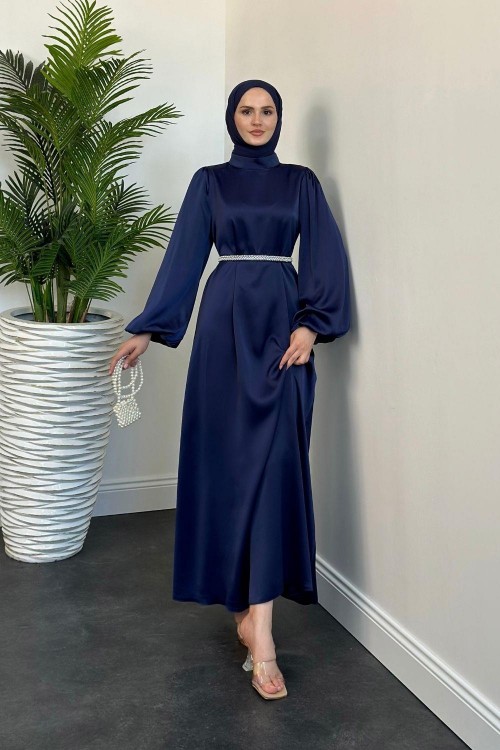 Nika Kemeri İncili Saten Abiye Lacivert