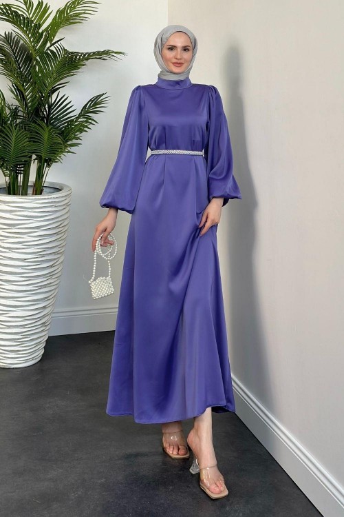 Nika Kemeri İncili Saten Abiye Lila