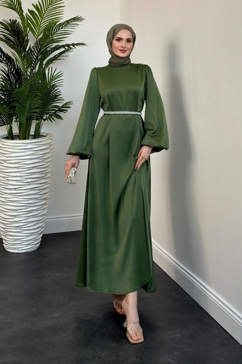 Nika Kemeri İncili Saten Abiye Haki