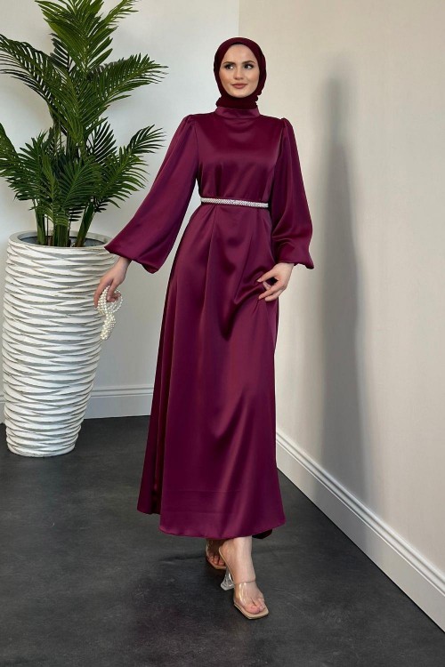 Nika Kemeri İncili Saten Abiye Mürdüm