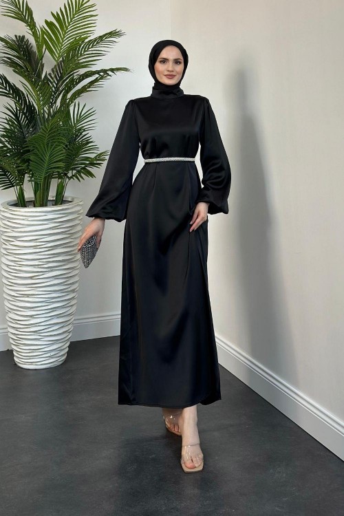 Nika Kemeri İncili Saten Abiye Siyah