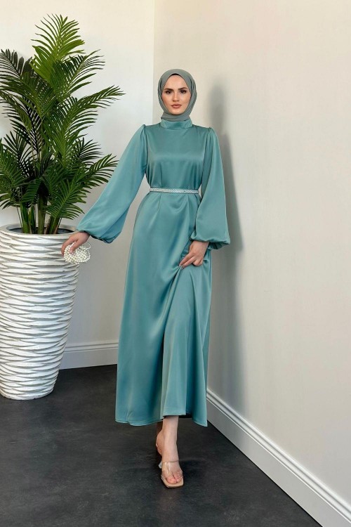 Nika Kemeri İncili Saten Abiye Su Yeşili