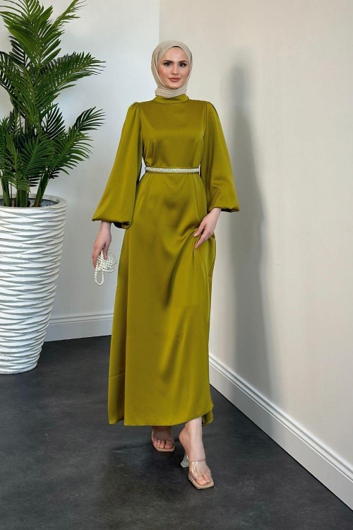 Nika Kemeri İncili Saten Abiye Yağ Yeşili