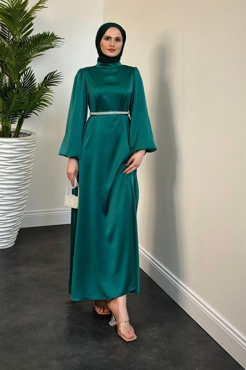 Nika Kemeri İncili Saten Abiye Yeşil