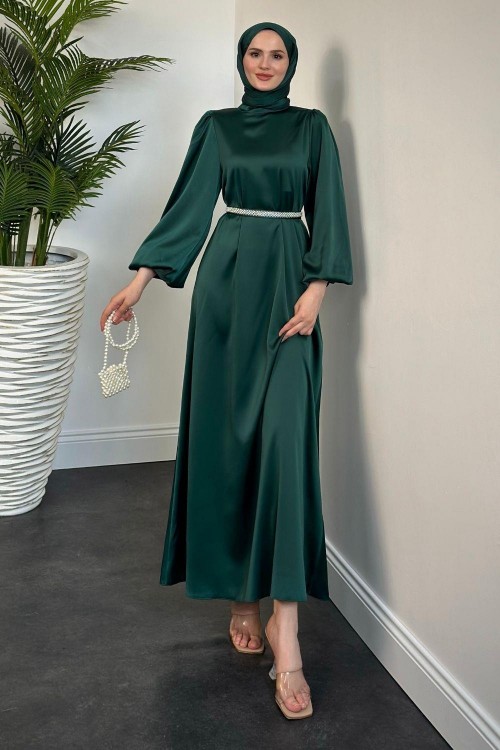 Nika Kemeri İncili Saten Abiye Zümrüt