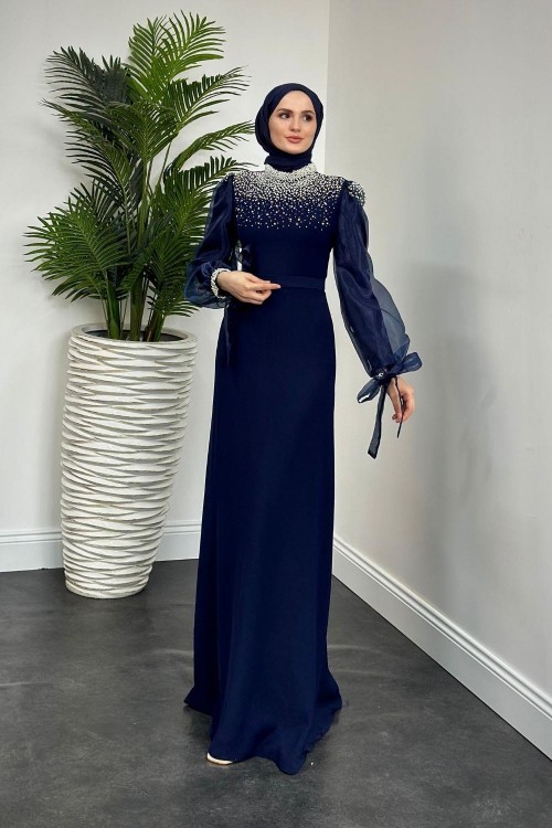 Nina İnci İşlemeli Krep Abiye Lacivert(kemersizdir)